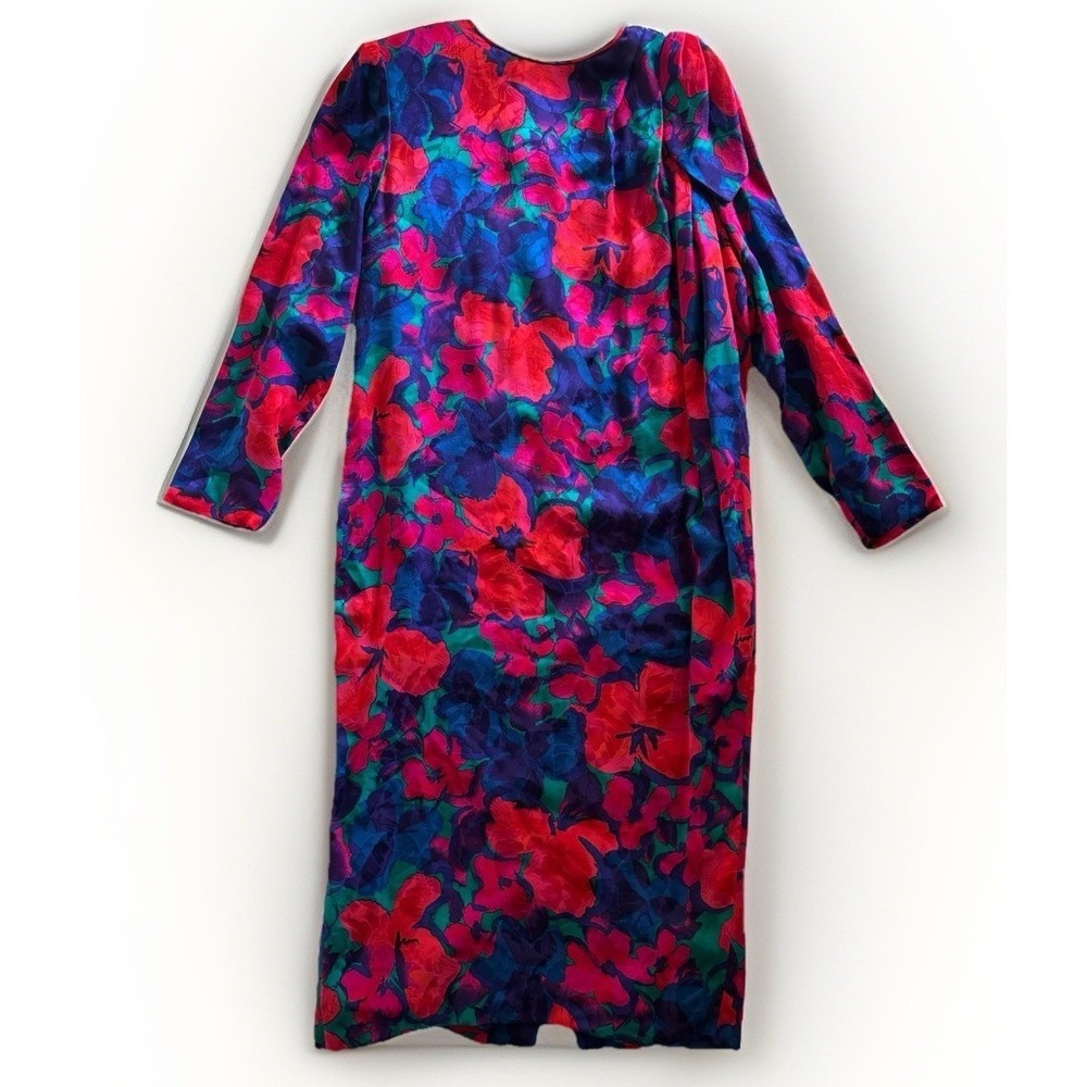 Vintage Flora Kung Silk Floral Dress Womens 10 Pink Blue 80s Bow Shoulder Midi‎